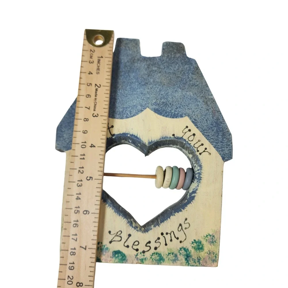Vintage Count Your Blessings Wooden House Wall Plaque Abacus Heart Cutout Blue